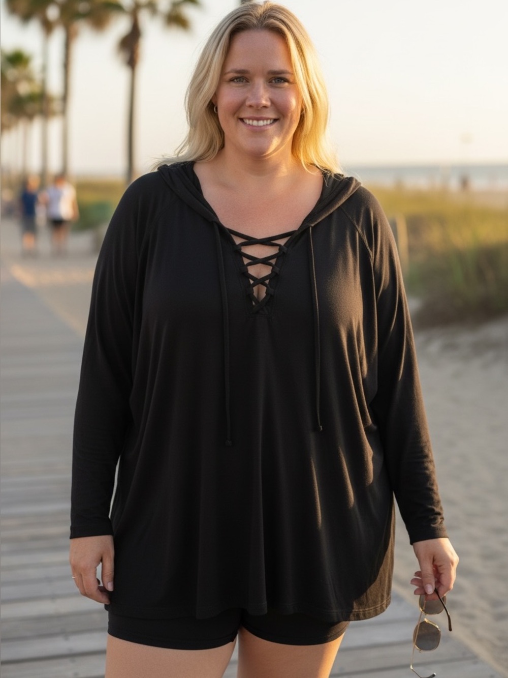 UV Skinz UPF 50+ Hooded Beach Cover-Up Black Lace-Up Sun Shirt 3XL